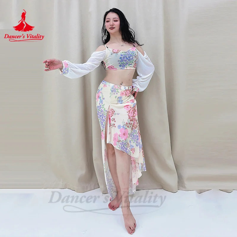 Belly Dance Practice Clothes for Women Chiffon Long Sleeves Top+printing Long Skirt 2pcs Adult Oriental Belly Dancing Outfit