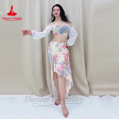 Belly Dance Practice Clothes for Women Chiffon Long Sleeves Top+printing Long Skirt 2pcs Adult Oriental Belly Dancing Outfit