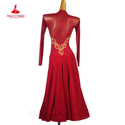 Modern Dancing Clothing Customized Elegant Long Sleeved V-neck Dress Women Tango Chacha Waltz Ballroom Dance Competition Dresses