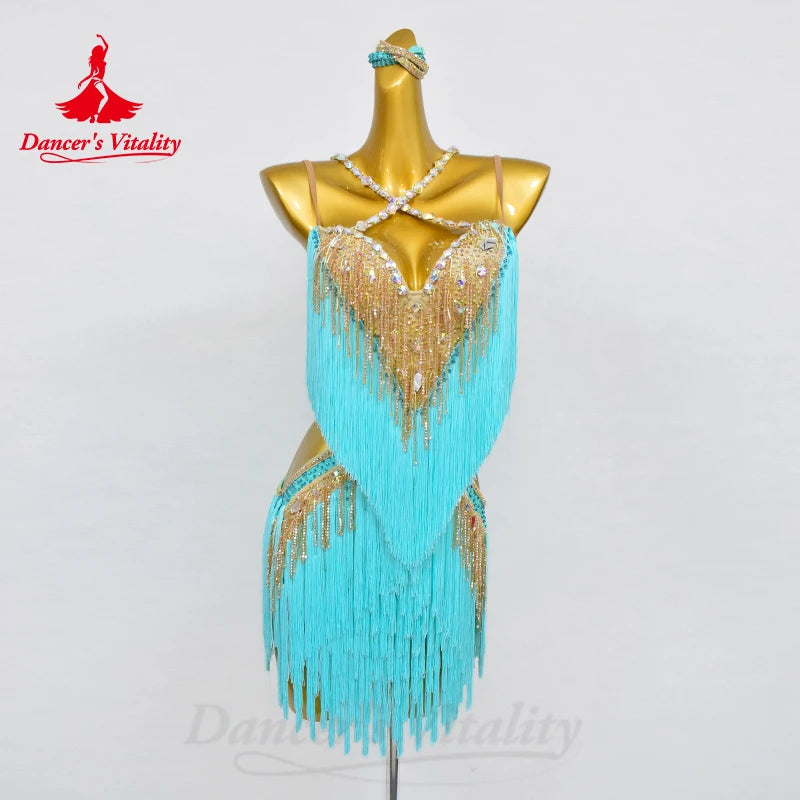 Latin Dance Fringe Dress Women Customsized Senior AB Stones Performance Clothing Tango Chacha Latin Dancing Professional Dresses