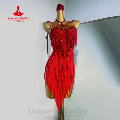 Latin Dance Clothing for Women's Customized Senior AB Stones Sexy Backless Tassel Dresses Tango Chacha Samba Performance Costume