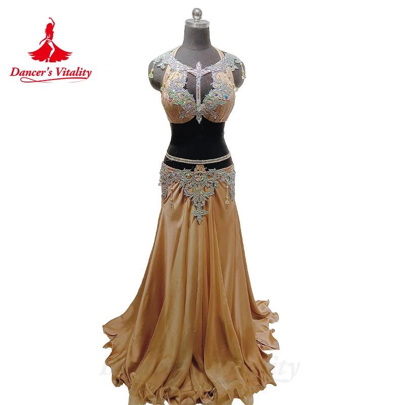 Belly Dance Performance Suit for Women Senior Stones Bra+customized Chiffon Long Skirt 2pcs Oriental Dance High End Dance Skirt