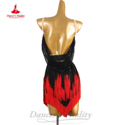 Latin Dance Professional Performance Clothing Customized Sexy Backless Gradient Tassel Dress Tango Chacha Competition Dresses