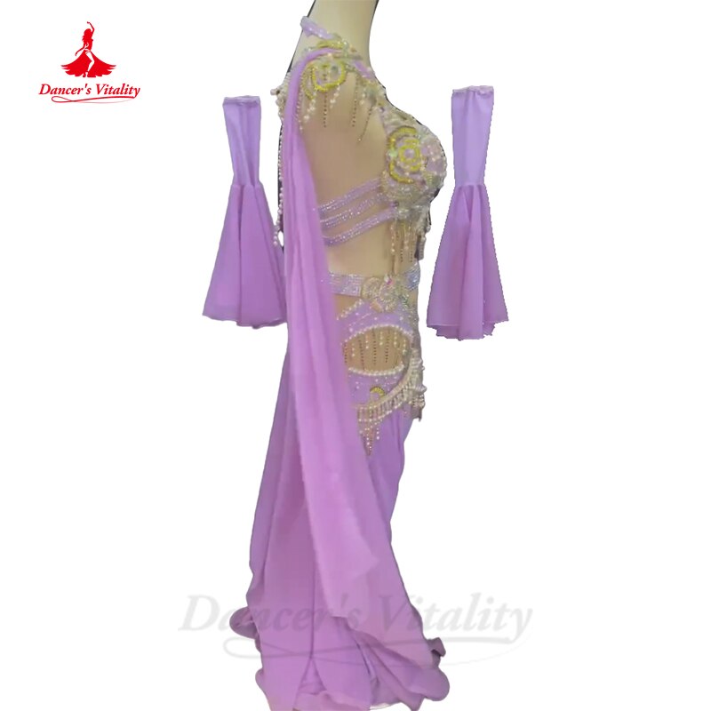 Belly Dance Costume Set High-End Custom Seinor Stones Bra+long Skirt+Sleeves 3pcs Female Oriental Belly Dancing Performance Suit