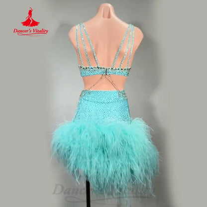 Latin Dance High End Feather Dress Women's Customized Luxury Rhinestone Dresses Chacha Samba Professional Performance Costume