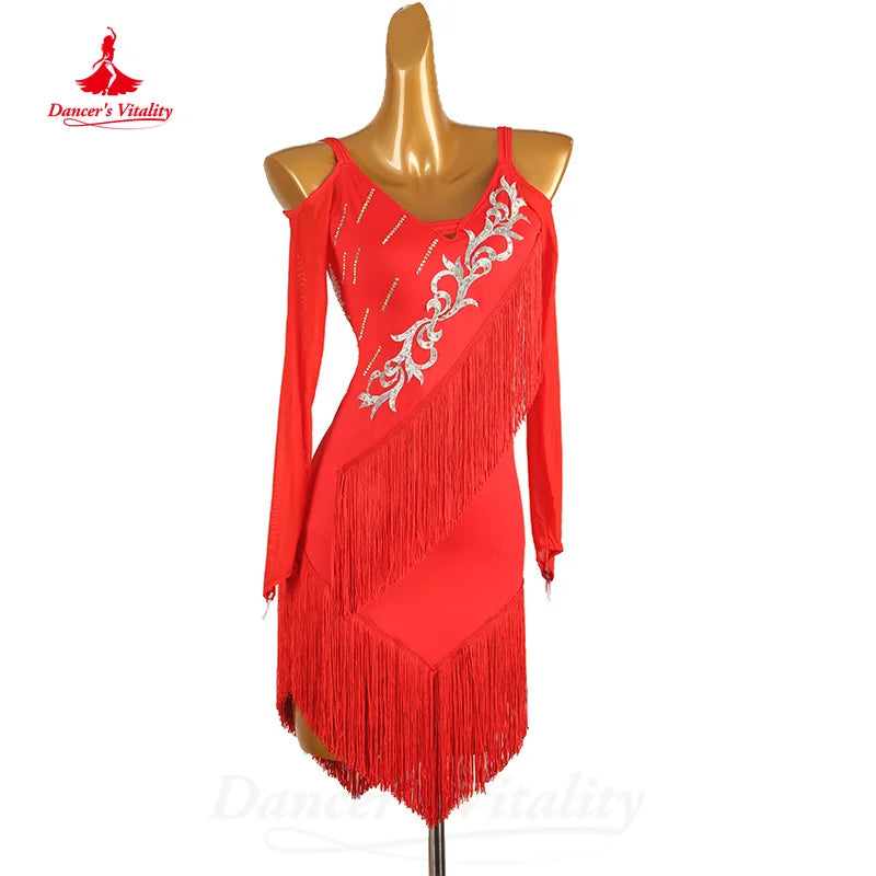 Latin Dance Performance Costumes Customized Long Sleeved Light Luxury Rhinestone Tassel Dress Tango Chacha Competition Dresses