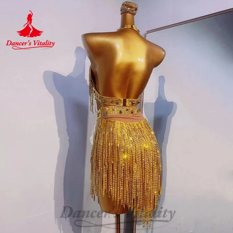 Latin Dance Professional Performance Costumes Women's Customization Diamond Tassel Set Tango Chacha Samba Competition Uniform