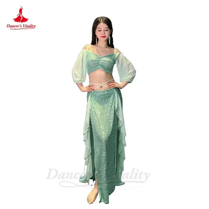 Belly Dance Costume Set for Women Short Sleeves Top+split Long Skirt 2pcs Oriental Professional Set Belly Dancing Wear Outfit