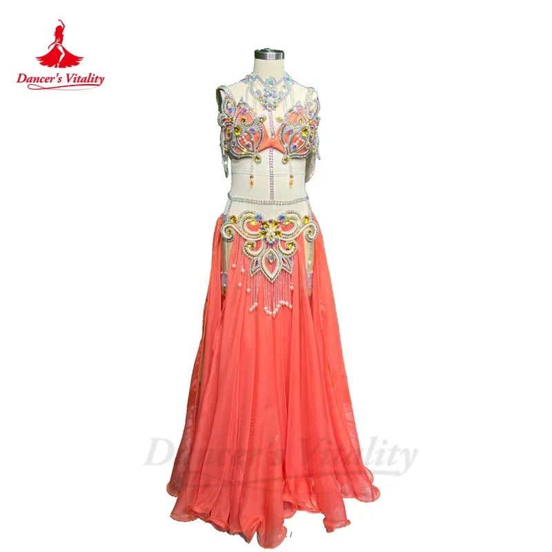 Belly Dance Performance Suit for Women Senior Stones Bra+chiffon Long Skirt 2pcs Custom Adult Children Oriental Dancing Outfit