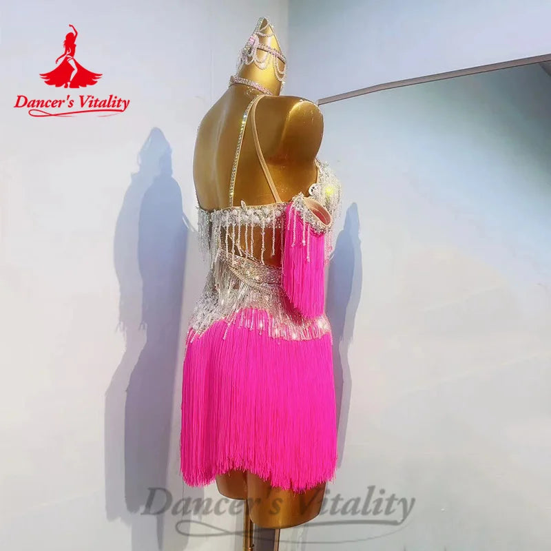 Latin Dance Women Competition Uniform Customized Sexy Backless Sequin Tassel Dress Adult Children Chacha Performance Costume