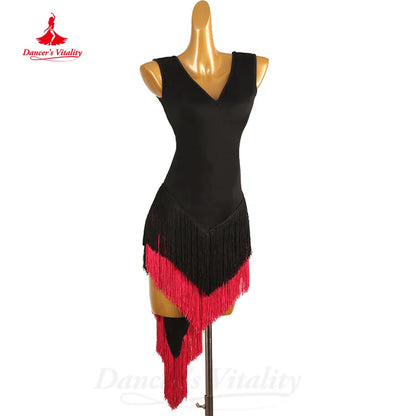 Latin Dance Practice Costumes Customized Comfortable Sleeveless Tassel Dress Tango Chacha Samba Professional Performance Costume