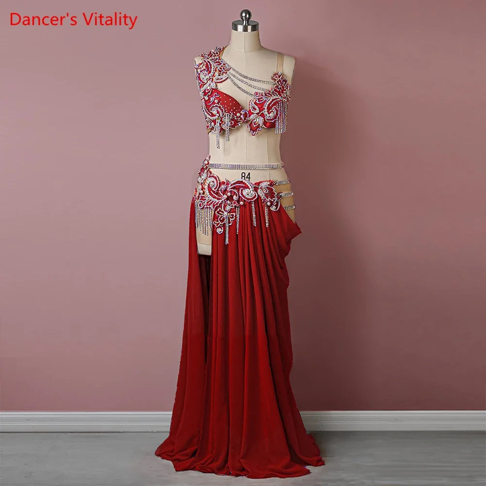 Belly Dance Competition Costume Set for Women Cusomzied  High Waist Chain Pleated Tassel Chiffon Dress Set Children Dance Outfit