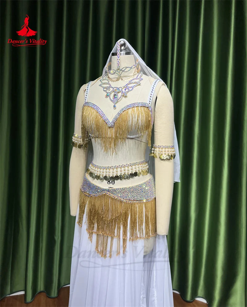 Belly Dance Performance Costume Set for Women Customsized Tassel Bra+chiffon Long Skirt 2pcs Oriental Belly Dancing Outfit