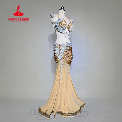 BellyDance Costume Customized High End Luxury Diamond Bra+Sexy Hip Wrap Fishtail Skirt 2pcs Oriental Dance Performance Costumes