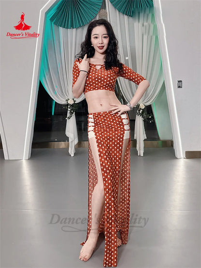 Belly Dance Suit for Women Short Sleeves Top+split Long Skirt 2pcs Polka Dot Training Suit Adult Oriental Belly Dancing Outfit