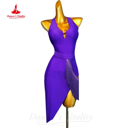 Latin Dance Practice Costume Customized Customized V-neck Sexy Backless Tassel Dress Women Tango Rumba Samba Competition Dresses