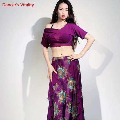 Belly Dance Practice Clothes for Women Belly Dance Suit Mesh Short Sleeves Top+printing Long Skirt Female Oriental Dance Outfit