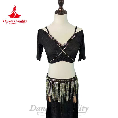 Belly Dance Costume Customized Short Sleeve V-neck Top+tassels Long Skirt 2pcs Oriental Dance Professional Performance Clothing