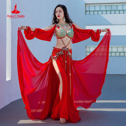 Belly Dance Performance Clothes Women Customsized AB Stones Bra+sleeves+chiffon Long Skirt Female Popsong Competiton Outfit