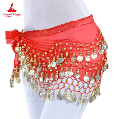 Belly Dance Belt for Women Chiffon Gold Coines Oriental Dancing Wear Accessies Girl's Chiffon Silver Coines Bellydance Hip Scarf