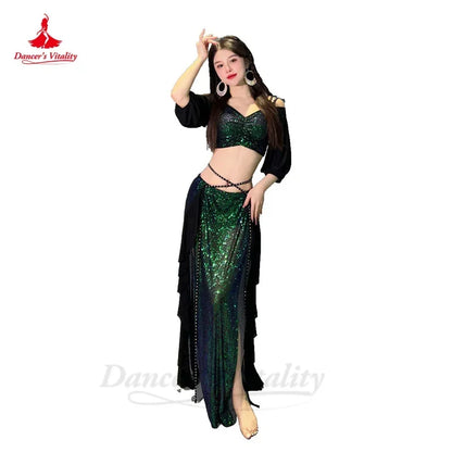 Belly Dance Costume Set for Women Short Sleeves Top+split Long Skirt 2pcs Oriental Professional Set Belly Dancing Wear Outfit