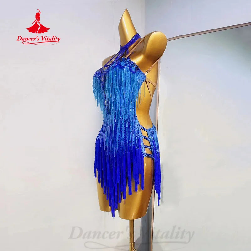 Latin Dance Fringe Dress Women Customsized Senior AB Stones Performance Clothing Tango Chacha Latin Dancing Competition Dresses