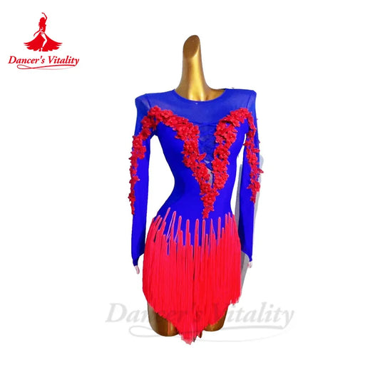 Latin Dance Dresses for Women Mesh Long Sleeves Rumba Chacha Tango Performance Clothing Customsized Adult Children Latin Skirt