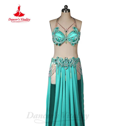 BellyDance Performance Costume Women Customization Luxury Diamond Bra+Sexy Split Chiffon Long Skirt 2pcs Oriental Dance Outfit