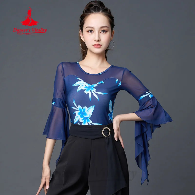 Latin Dance Practice Clothing Women's Customized High End Printed Flare Sleeve Top Chacha Rumba Samba Performance Costume