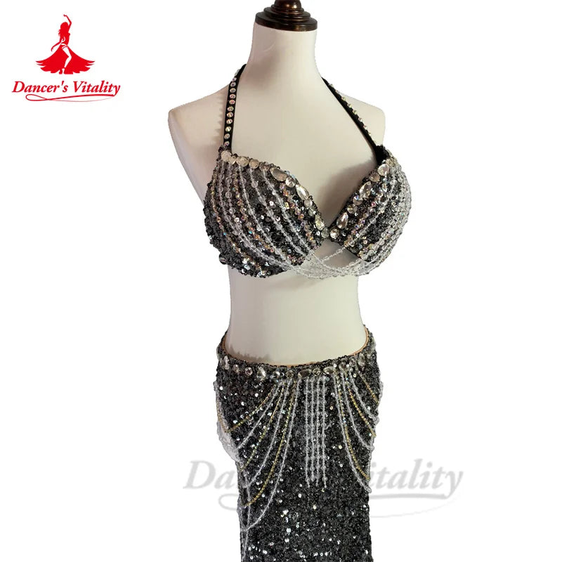 Bellydance Costumes Women's  Sets Diamonds Bra+ Sexy Sequin Long Skirt Oriental Dance Professional Performance Clothing