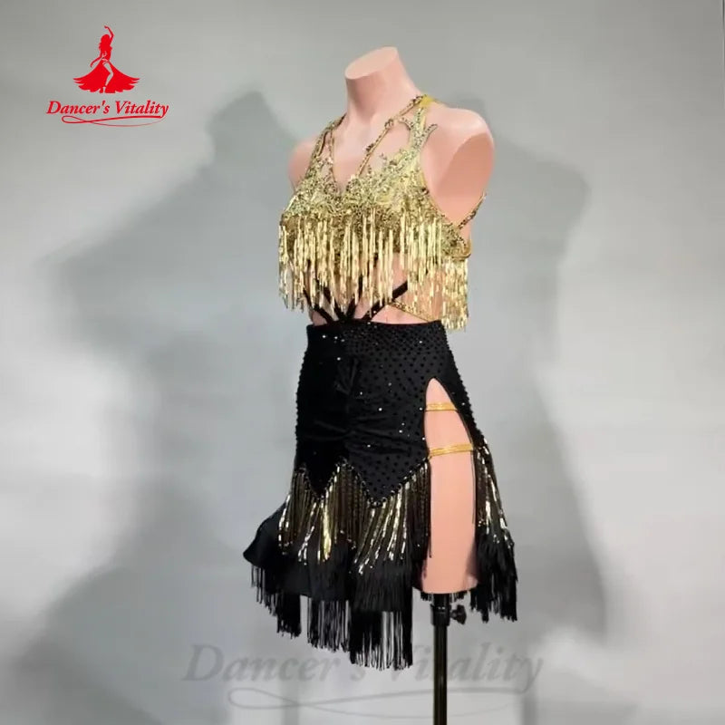 Latin Dance Tassel Dress Women Customized High Luxury Rhinestone Sexy Split Skirt Tango Rumba Professional Performance Costumes