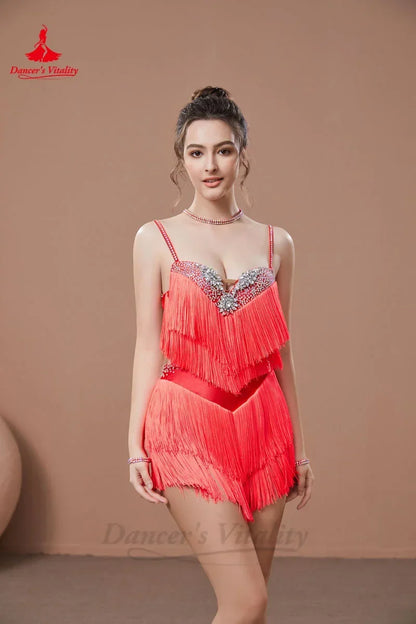 Latin Dance Fringe Dress for Women Seinor AB Stones Rumba Chacha Tango Performance Costume Skirt Adult Child Latin Wear Dresses