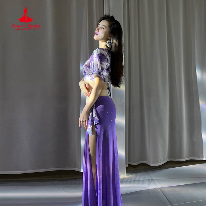 Belly Dance Costume Set Women Gauze Printing Short Sleeves Top+long Skirt 2pcs Training Suit Clothes Girl's Bellydance Outfit