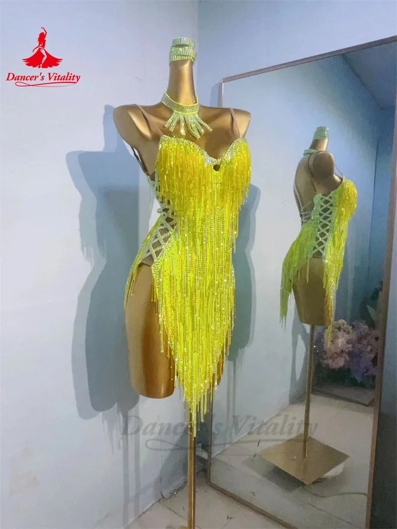 Latin Dance Performance Dress for Women Custom Senior AB Stones Rumba Chacha Tango Competiton Costume Skirt Child Latin Dresses