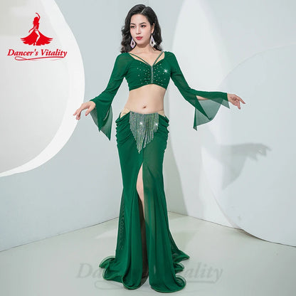 Belly Dance Clothing Mesh Long Sleeves Top+ Performance Elegant Style Fishtail Skirt Set Adult Oriental Belly Dancing Outfit