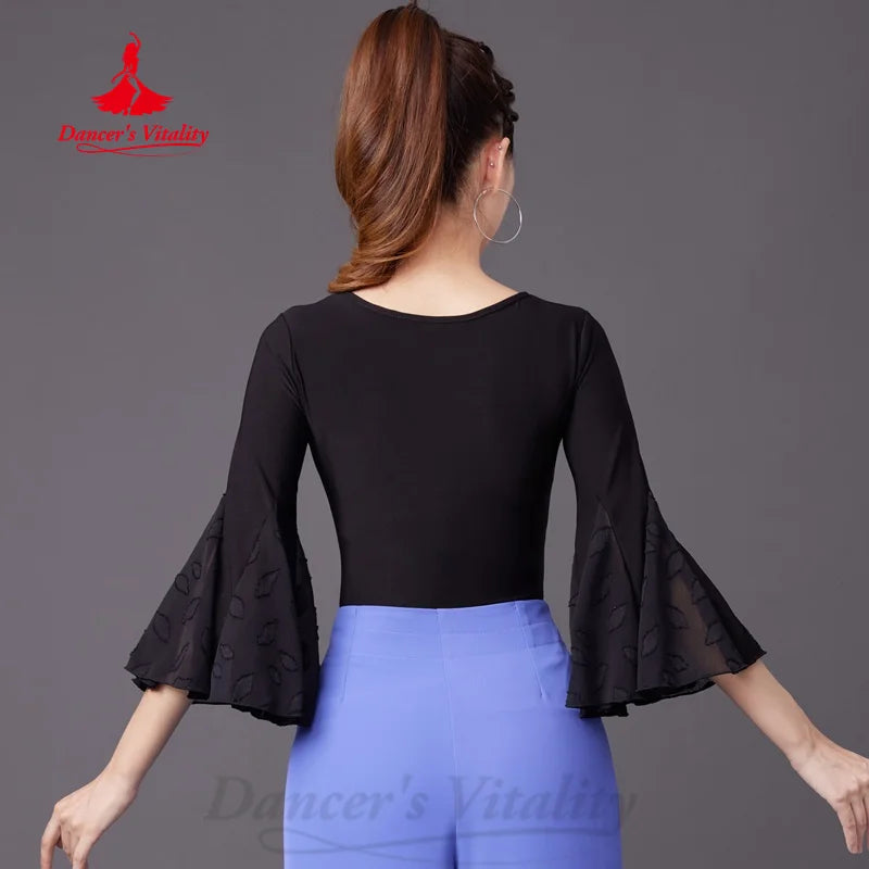 Latin Dance Practice Clothes Customized Black Slimming Flare Sleeve Top Tango Rumba Samba Girls Modern Dancing Training Clothing