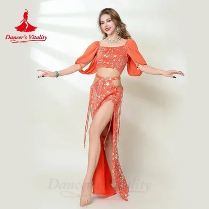 Belly Dancer Costume for Women Half Sleeves Top+printing Long Skirt 2pcs Adult Oriental Belly Dancing Performance Clothing