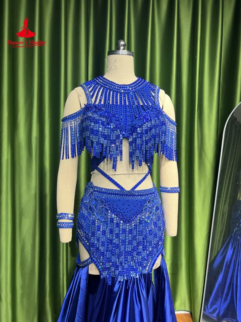 Belly Dance Performance Suit for Women Bra Top+satin Long Skirt 2pcs Customsized Adult Chidlren Oriental Belly Dancing Outfit