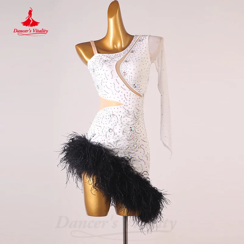 Latin Dance Performance Costumes Women Customization Sexy Senior AB Stones Feather Dress Tango Chacha Samba Competition Dresses