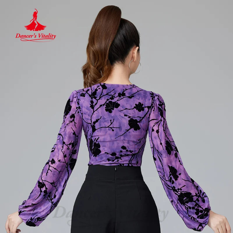 Latin Dance Performance Costumes Customized High-end Printed V-neck Long Sleeved Top Women Tango Samba Chacha Practice Clothing