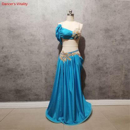 Belly Dance Performance Costume Set for Women Customized Hand Made Stones Bra+split Stain Skirt 2pcs Female Oriental Dance Wear