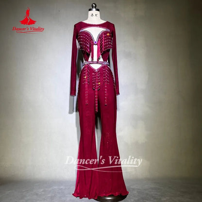 Belly Dance Costumes for Women's Customized Shoulder Sleeves+Bra+Pants 3pcs Competition Performance Clothing Dance's Vitality