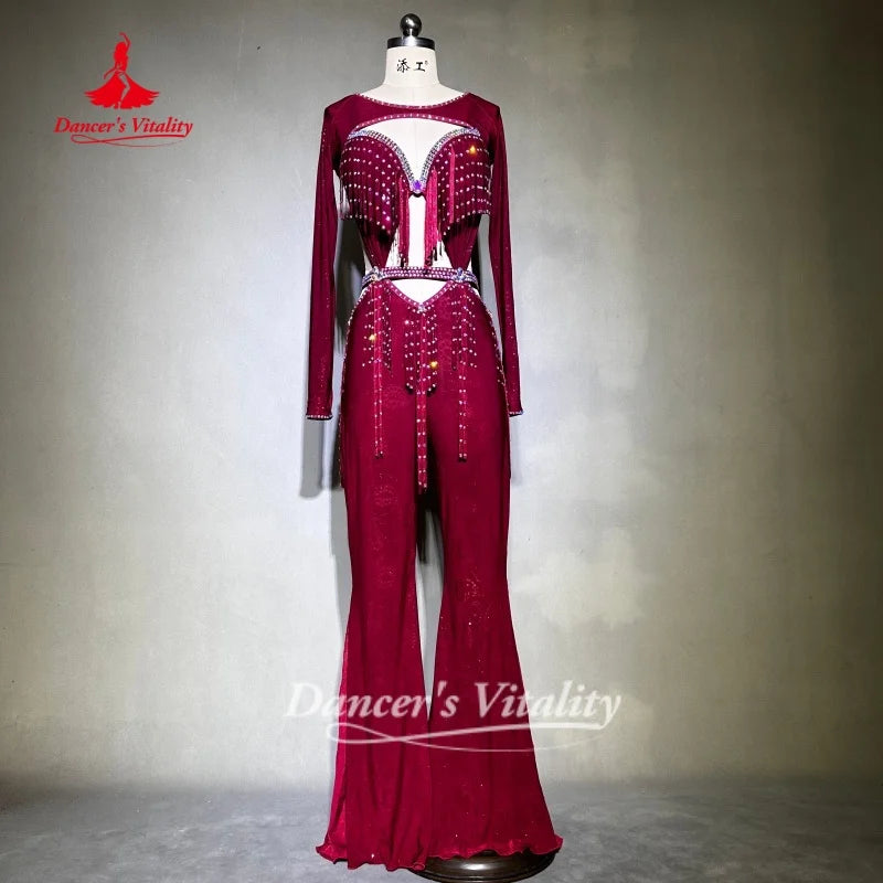 Belly Dance Costumes for Women's Customized Shoulder Sleeves+Bra+Pants 3pcs Competition Performance Clothing Dance's Vitality