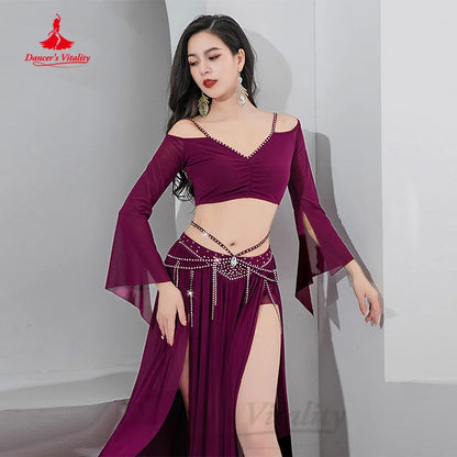 BellyDance Costume Suit Customized Trumpet Sleeve Top+Chiffon Split Long Skirt 2pcs Women's Oriental Dance Performance Clothing