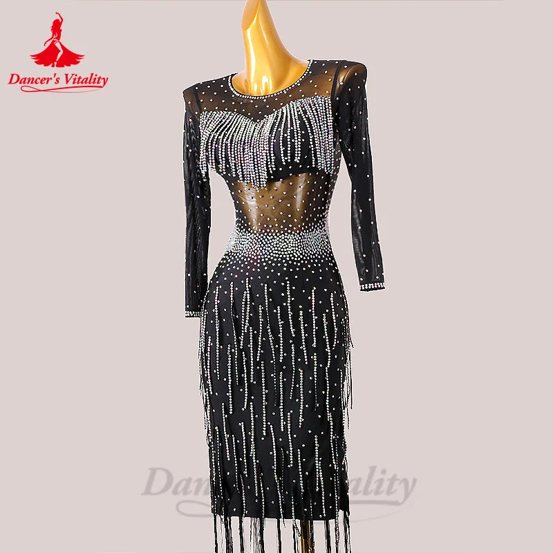 Latin Dance Competiton Dress for Women Gauze Long Sleeves AB Stones Chacha Performance Costume Cusom Adult Child Latin Dresses