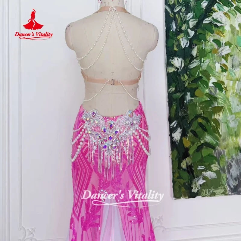 Belly Dance Outfit Customized Senior AB Stones Bra+Sequined Fishtail Long Skirt 2pcs Oriental Dance Clothing Dance's Vitality