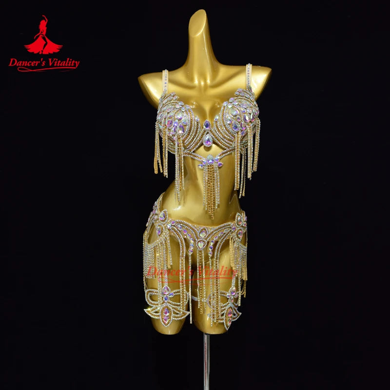 Belly Dance Performance Costume Women's Customized Senior AB Stones Tassel Set Oriental Dancing Competition Set Dance's Vitality