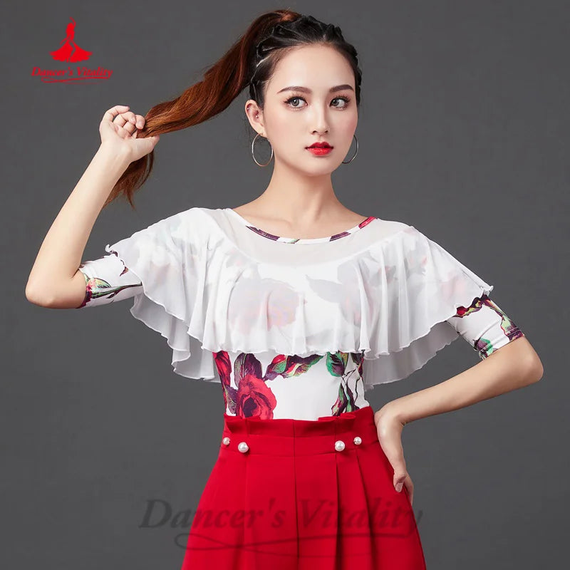 New Latin Dance Practice Clothing Customized Rose Print Half Sleeve Top Tango Chacha Samba Professional Performance Costumes