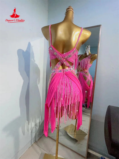 Latin Dance Performance Dress for Lady Rumba Chacha Tango Tassel Skirt Customsize Adult Child Latin Dancing Competiton Dresses