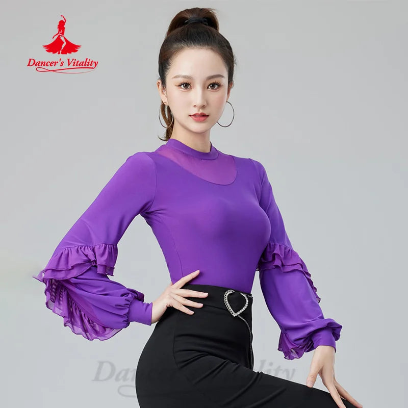 Modern Dancing Tops Adult Customized Comfortable and Breathable Long Sleeved Top Women's Tango Chacha Samba Training Clothes